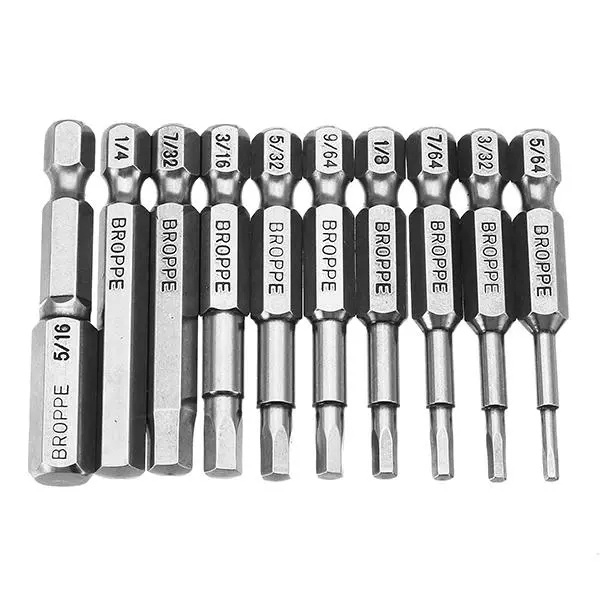 10Pcs Hex Head SAE Allen Wrench Screwdriver Bits 5/64 - 5/16
