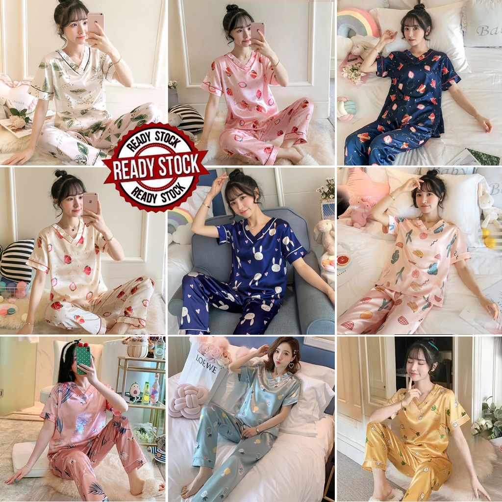 stock M-XXL Baju Tidur wanita Women silk Pajamas Comfortable Sleepwear ...