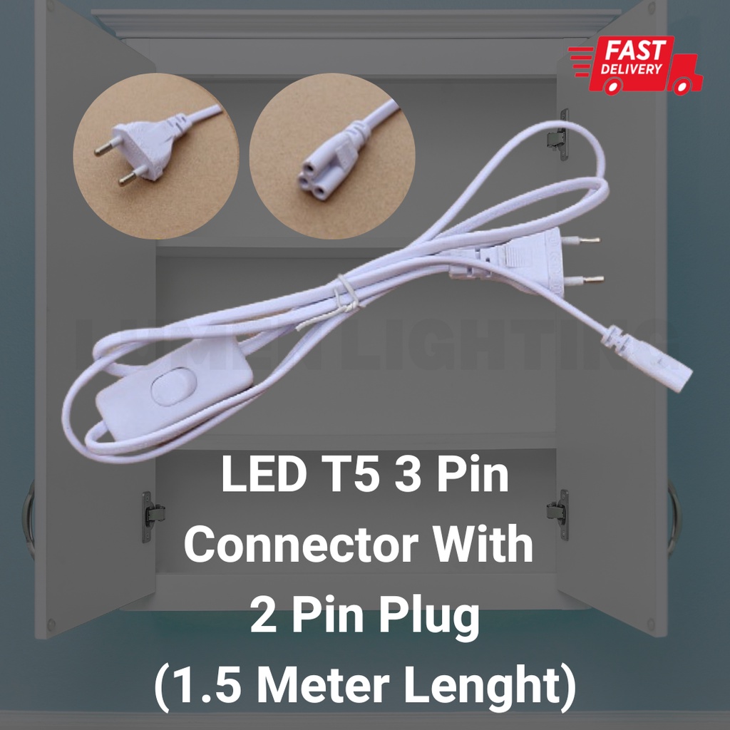 LED T5 Connector 2 Pin EU Plug Cable Tube Light 3-Pin Cord Wire Wayar ...