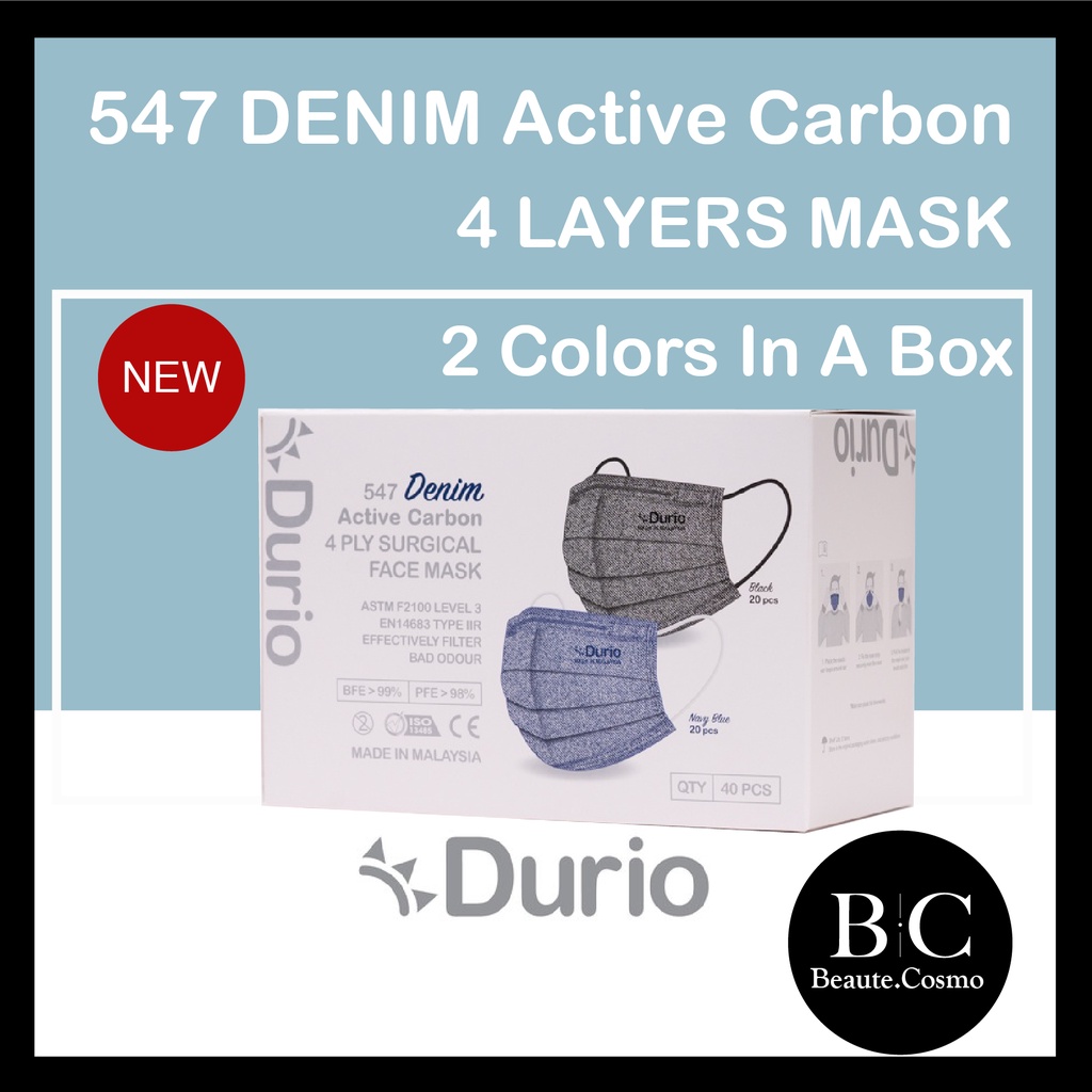 Durio 547 DENIM 4 Ply Surgical Face Mask Active Carbon - 40 pcs - Black ...