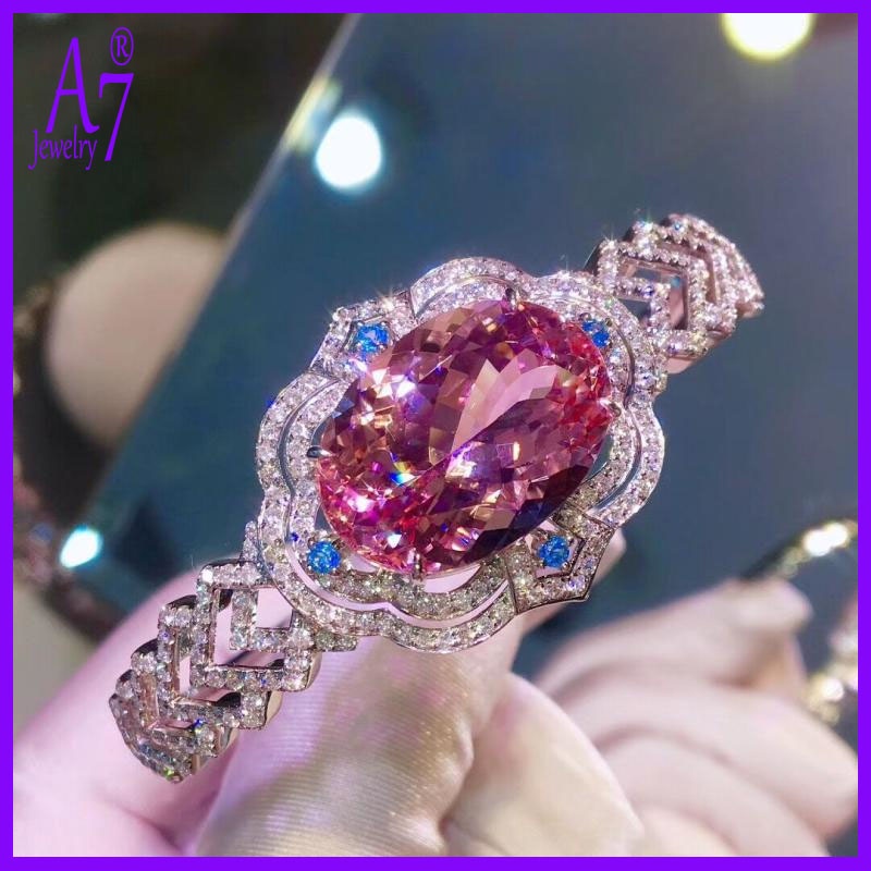 S925 Silver Luxury Natural Pink Morgan Stone Bracelet with Diamonds for ...