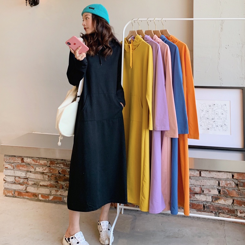 Women s Uniqlo Cotton Pure Color Long Sleeve Loose Maxi Hooded Dress Korean Basic Casual Pretty Color Pocket Long Dresses Shopee Malaysia