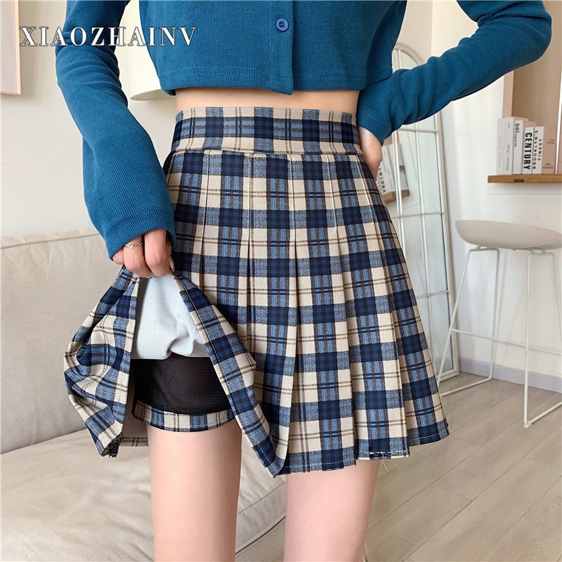 Xiaozhainv Short Skirts High Back Pleated Cute Cocoa Stripe Pattern ...