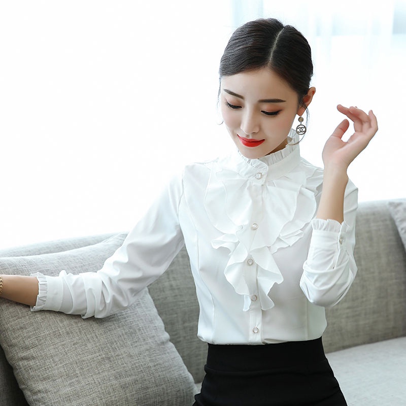 Korean Version Slim-Fit Stand-Up Collar Shirt Lotus Leaf Lace Long ...