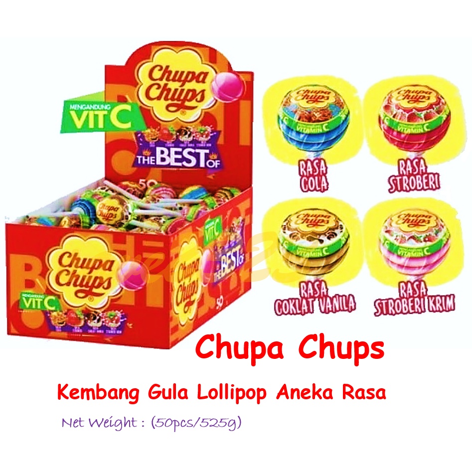 Chupa Chups Kembang Gula Lollipop Aneka Rasa (50pcs/525g) Cola / Strawberry / Strawberry Cream