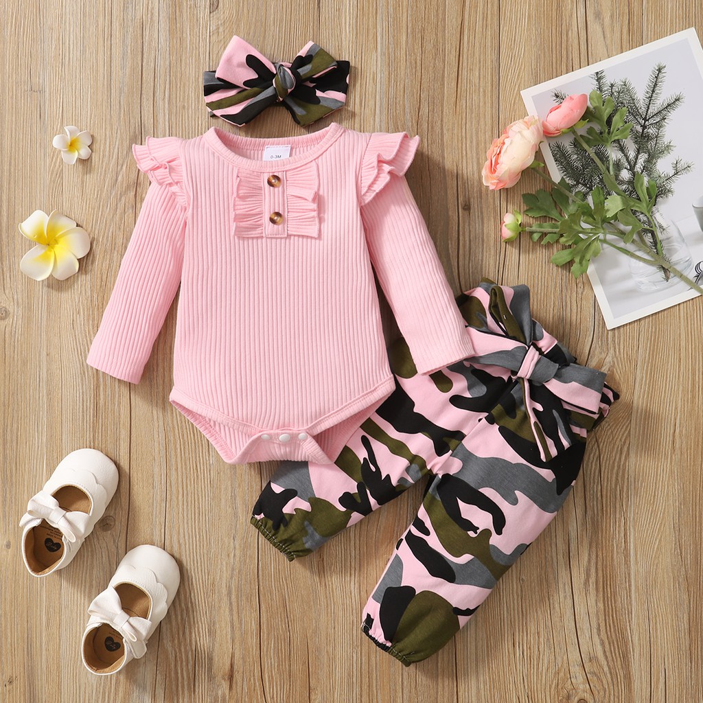 0 18 Months Newborn Baby Girl 3PCS Clothes Set Infant Girl Long Sleeve Bodysuit Camouflage Pants Headband Cotton Clothing Personality Costumes Shopee Malaysia