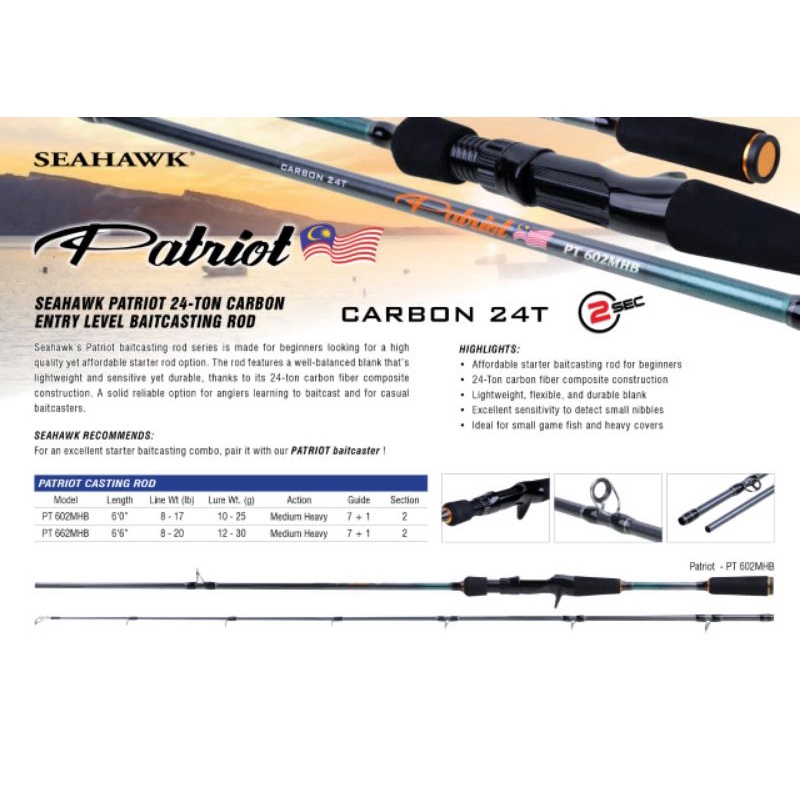 SEAHAWK PATRIOT 24-TON CARBON ENTRY LEVEL BAITCASTING ROD Shopee