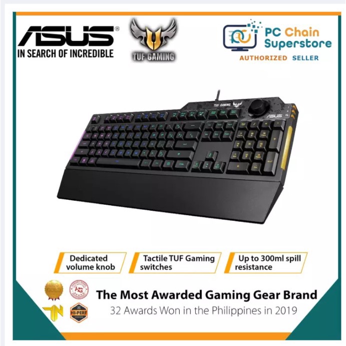 ASUS TUF Gaming K1 RGB keyboard with dedicated volume knob, spill