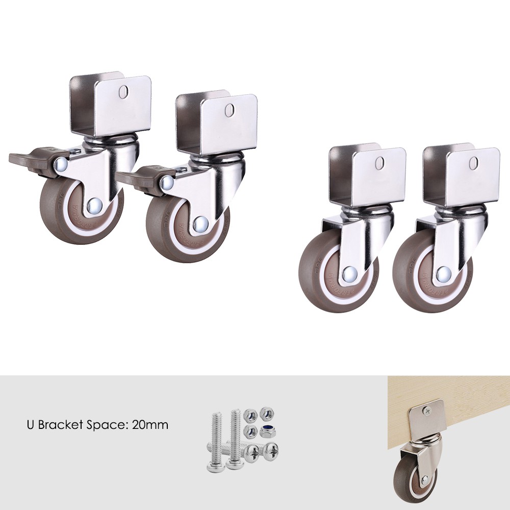 4 PACK 20mm U Bracket Swivel Caster Wheels 2 with Locking 2 None Heavy Duty Mute TPE Rubber for