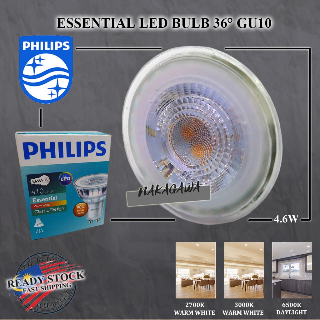 PHILIPS ESSENTIAL GU10 LED BULB 36° 4.6W 2700K / 3000K WARM WHITE 6500K ...