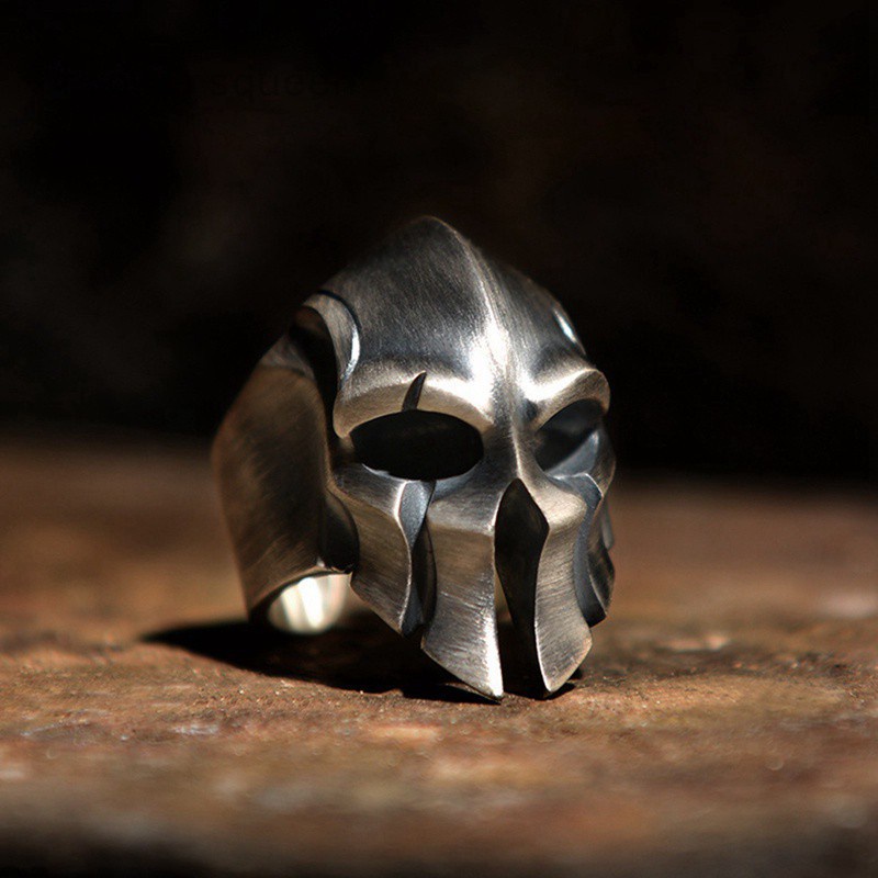 Spartan Ring Herren - Edelstahl Maske Design, Gothic Wikinger Ring, Hypoallergen, Silber