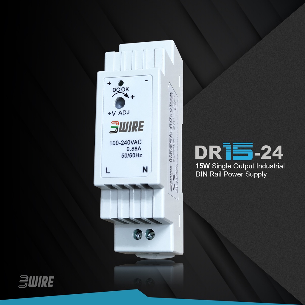 3WIRE DR15-24 - Industrial Power Supply 24VDC, 15W Compact DIN Rail ...