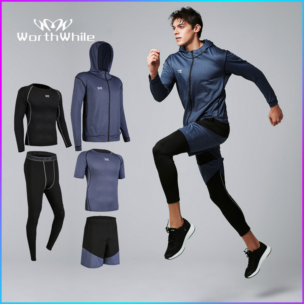 5pcs/set Men Gym Wear Fitness Sports Suit Clothes Training