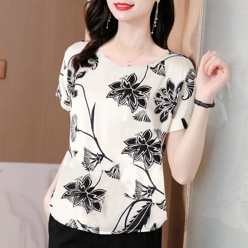 New Fashion Ice Silk Short-sleeved T-shirt Round Neck Printing Plus