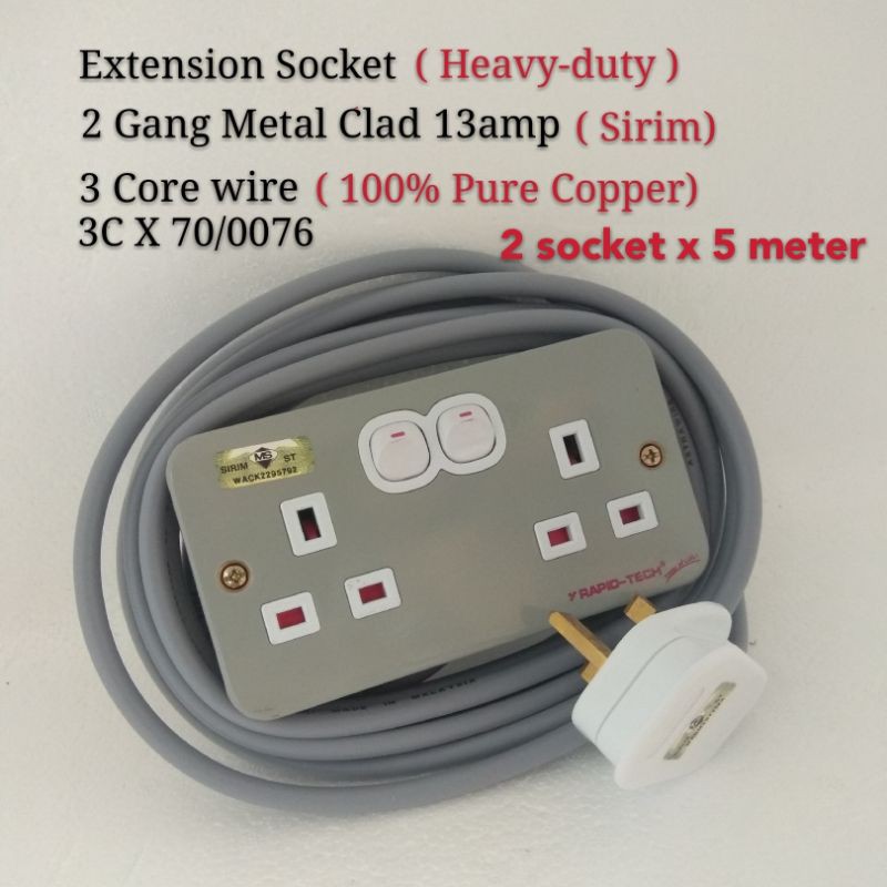 Extension Socket Heavy-Duty 13amp 2 Gang Metal Clad Switch Socket Wire ...