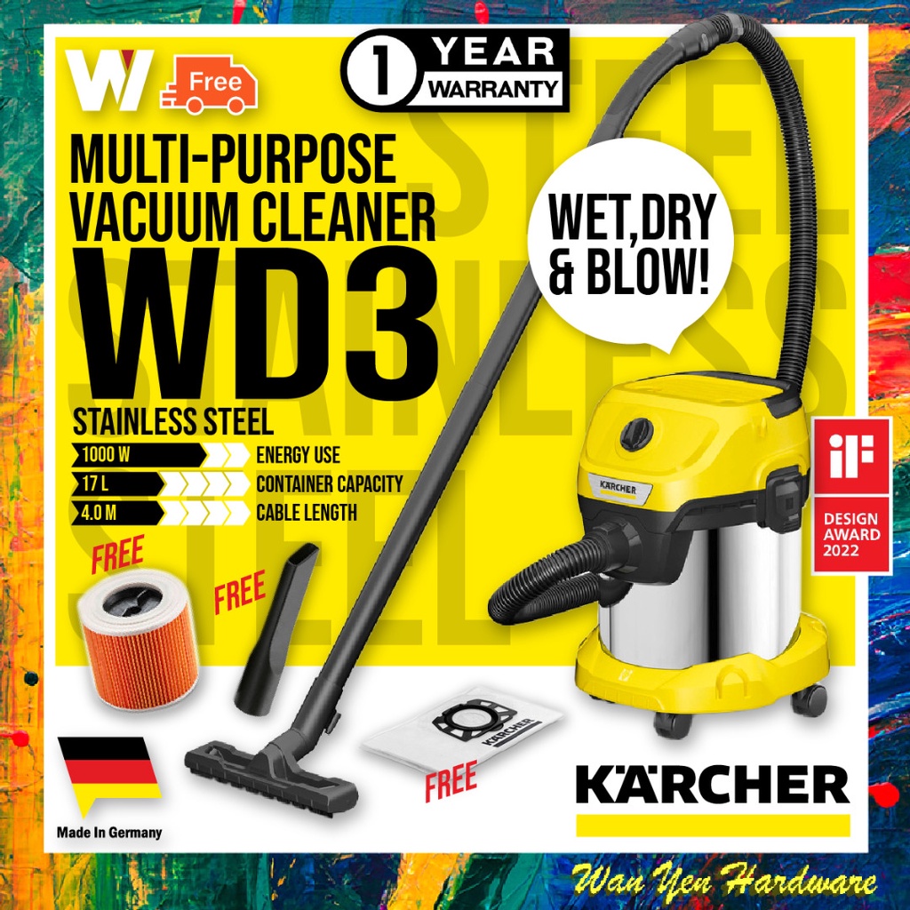 Karcher WD3S MultiPurpose Wet And Dry Vacuum Cleaner Stainless Steel Body Made in Romania