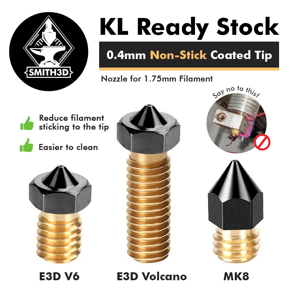 5x 0.4mm PTFE Coated Brass Volcano Nozzle For 1.75mm 3D Printer – Non-Stick