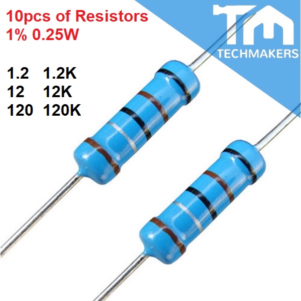 10 pcs of Resistor 1% 0.25W 1.2, 12, 120, 1.2K, 12K, 120K ohm 1/4 0.25 Watt Metal Film Resistance Perintang
