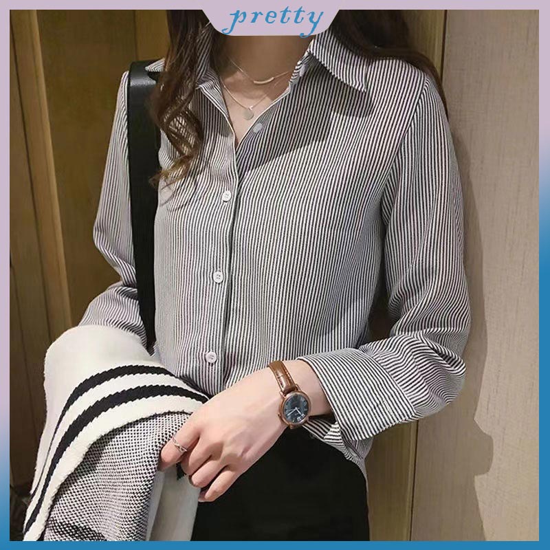 Blouse women Baju Long Sleeve Stripe Plus Size Korean style Chiffon ...