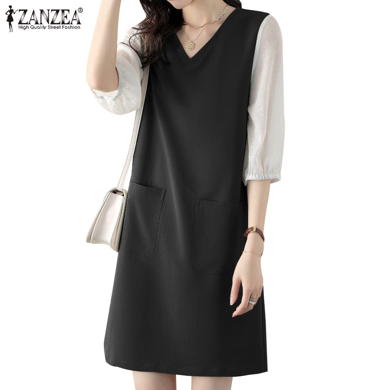 Zanzea Women Side Pockets Casual Half Sleeve V Neck Loose Mini Dress