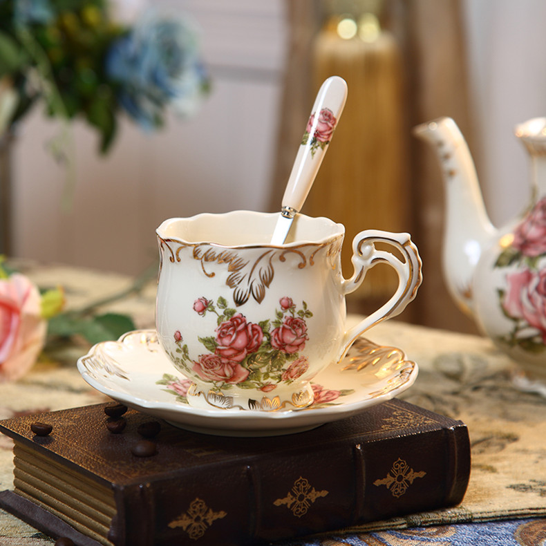 Fine Bone China Tea Set with Teapot, Teacups & Spoons & Saucers 13
