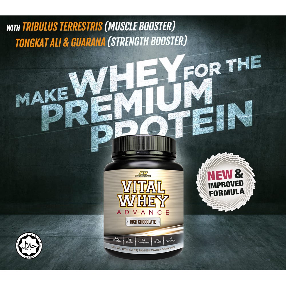 Vital Whey Advance Halal 1kg, 24g Protein Isolate+Tribulus,Tongkat Ali, Guarana,0g Sugar BCAA vs
