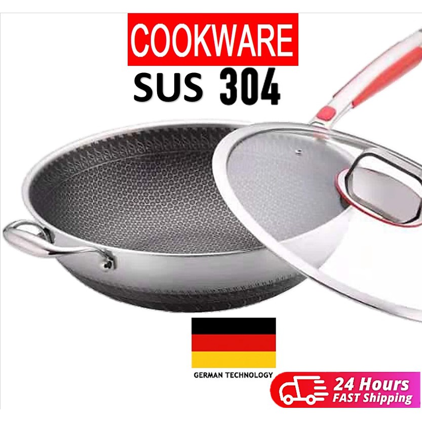 MLK READY STOCK COOKWARE 34CM/36CM NON-STICK WOK 304 STAINLESS STEEL ...