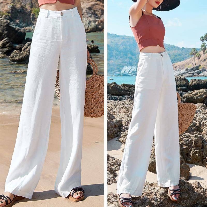 High Waist Wide Leg Pants Linen White Straight Loose Korean Women Pants — free download