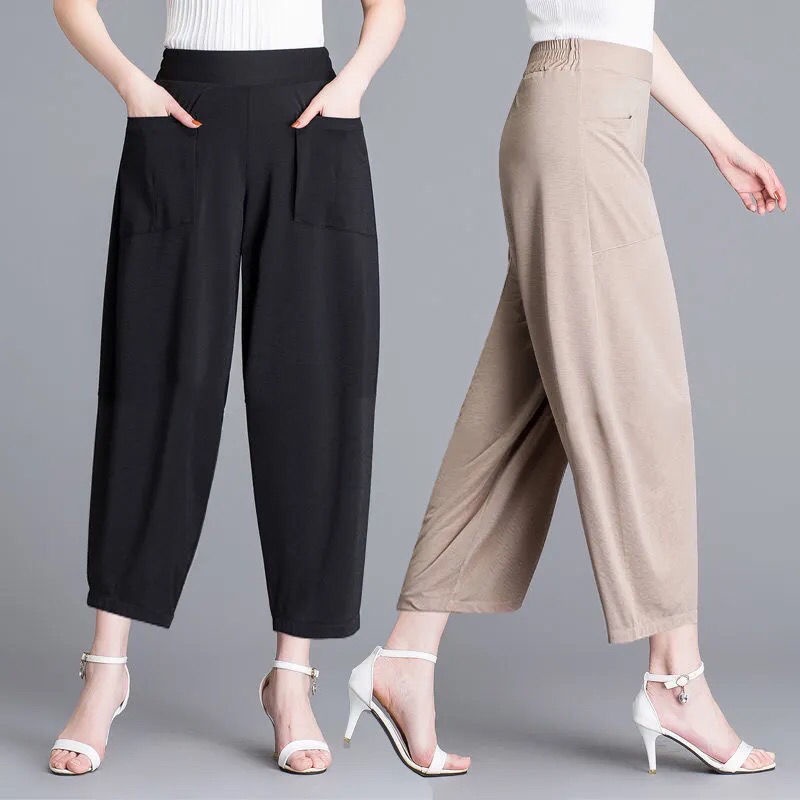 Cropped pants cotton beltless Korean black harem pants temperament ...