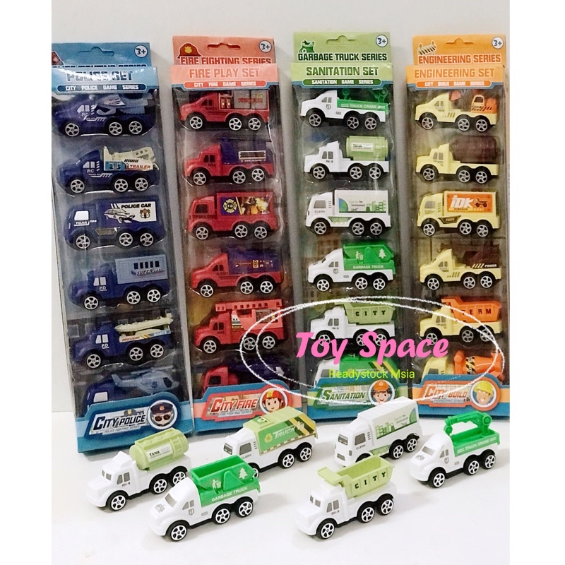 Construction Truck Fire Police Engineering 6 in 1 Pull-Back Mini Car ...