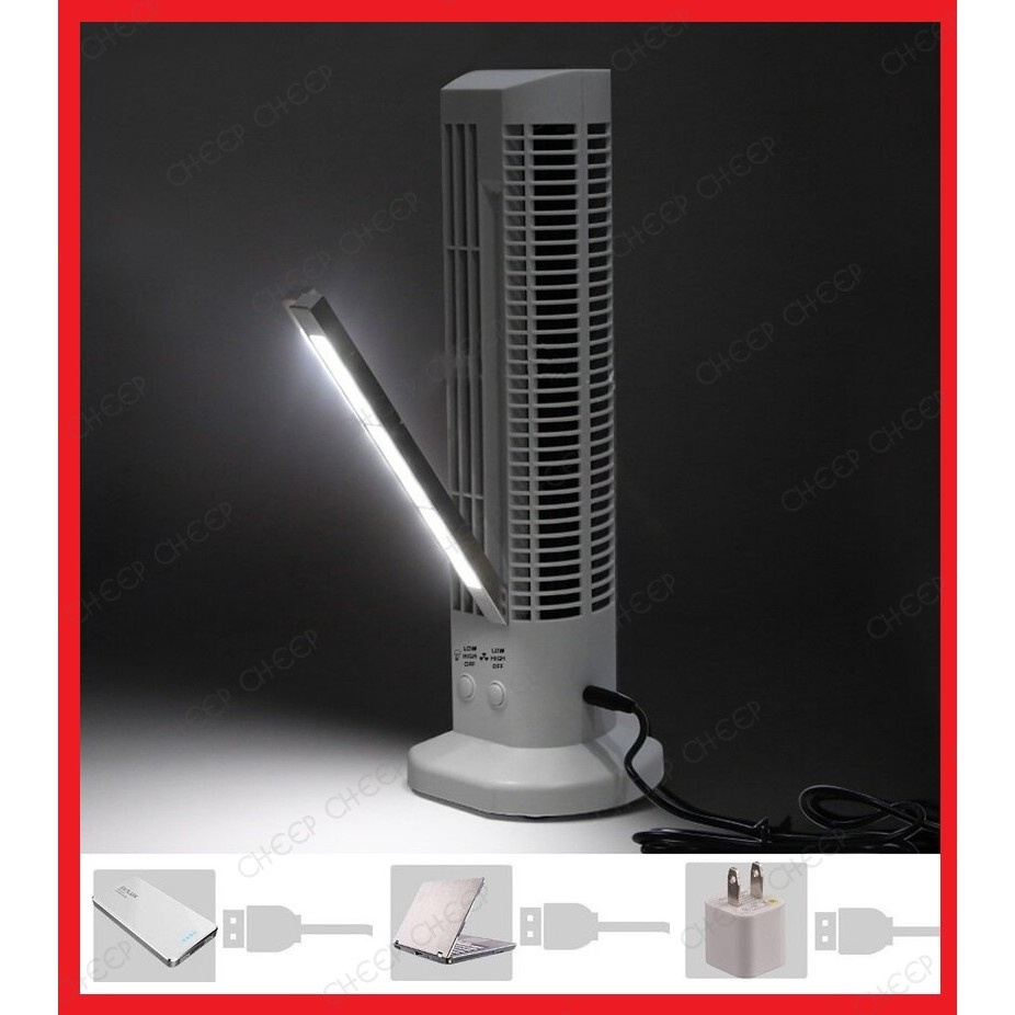 USB 2 Speed Tower Fan & Light Space Saving Compact Adjustable Bright