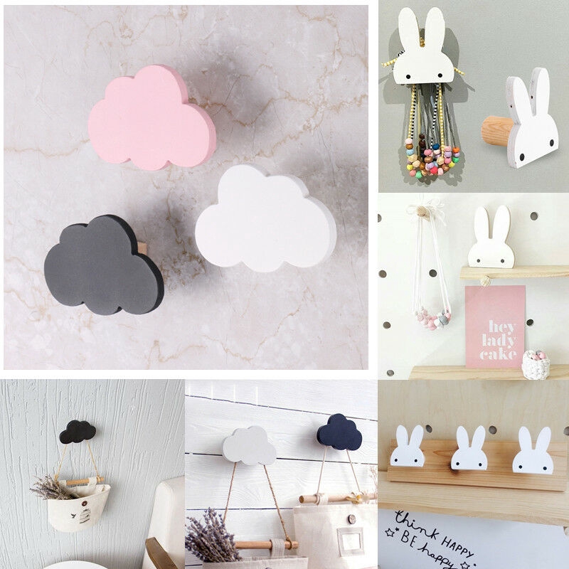 Wooden Cloud/Rabbit Wall Hanger Sticker Holder Coat Hooks Kids Room ...
