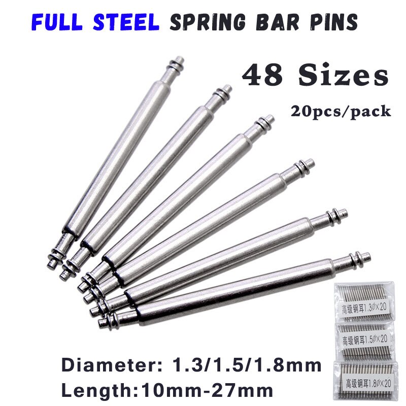 20pcs 10mm to 27mm Full Stainless Steel Spring Bar Release Spring pins