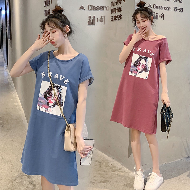 Plus Size 3Colors 40 150kg Oversized Korean Style Women Plus Size T shirt Dress Large Round Neck Short Sleeves Big Loose Cool Girl Face Letter Printed Summer Tee Dress Maternity Pregnancy Casual T shi...