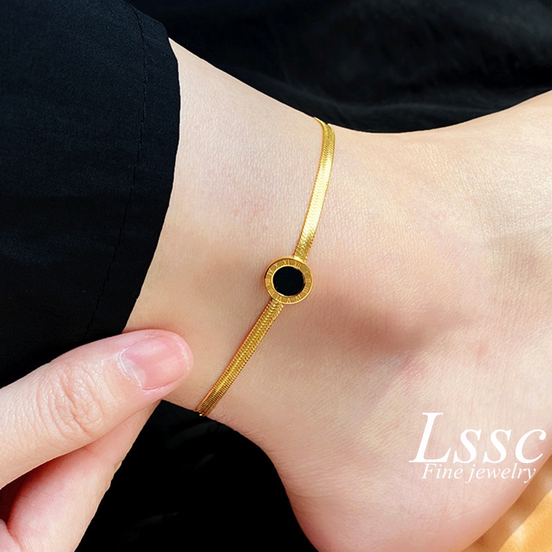 Japanese Korean Simple Black Round Titanium Anklet for Women 18k Gold