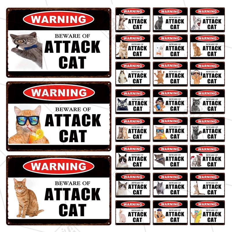 Pet Shop Warning Sign Beware of The Attack Cat Metal Sign Animals Tin ...