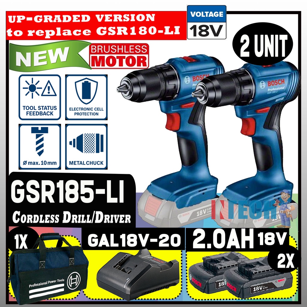 BOSCH GSR185-LI / GSR185LI 2UNIT BRUSHLESS MOTOR CORDLESS DRILL/DRIVER ...