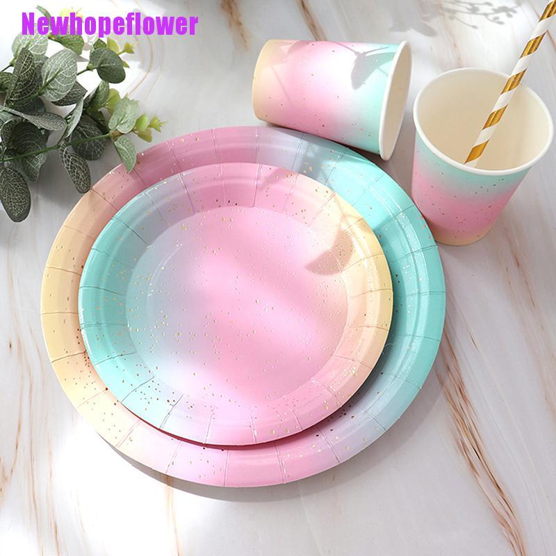 [[NFPH]] 10Pcs Disposable Tableware Set Rainbow Paper Plate Cup Wedding