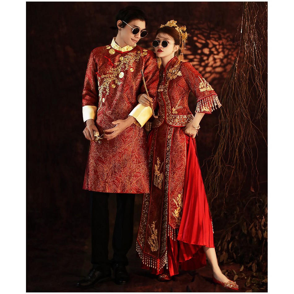 S~3XL 秀禾服敬酒旗袍龙凤褂 Red Gold Traditional Wear Chinese Wedding Tea Ceremony ...