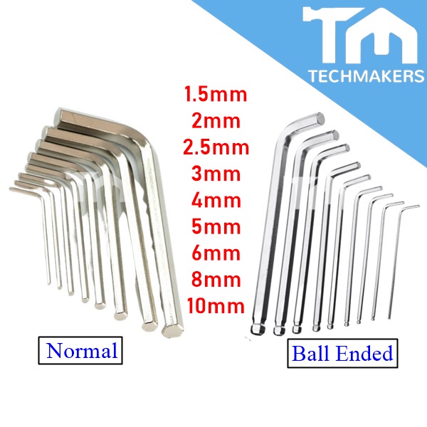 1 Pcs of Allen Key Normal/Ball Ended sized 1.5/2/2.5/3/4/5/6/8/10mm Stainless Steel Hardened Strong Durable TechMakers