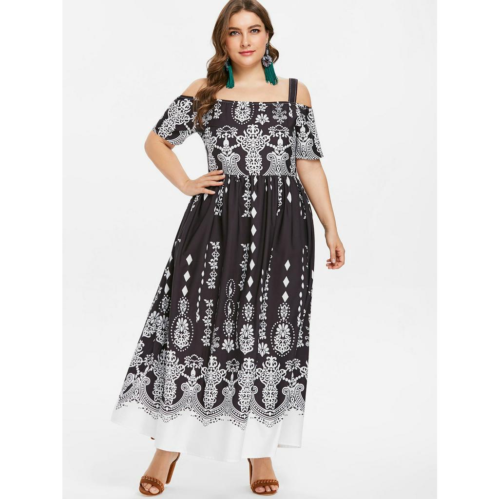 Plus Size Cold Shoulder Ethnic Print Ankle Length Dress Shopee Malaysia