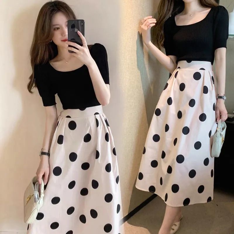 2PCS Set Women Black Top Polka Dot Skirt Casual Fashionable Women s Set 1KEQ Shopee Malaysia