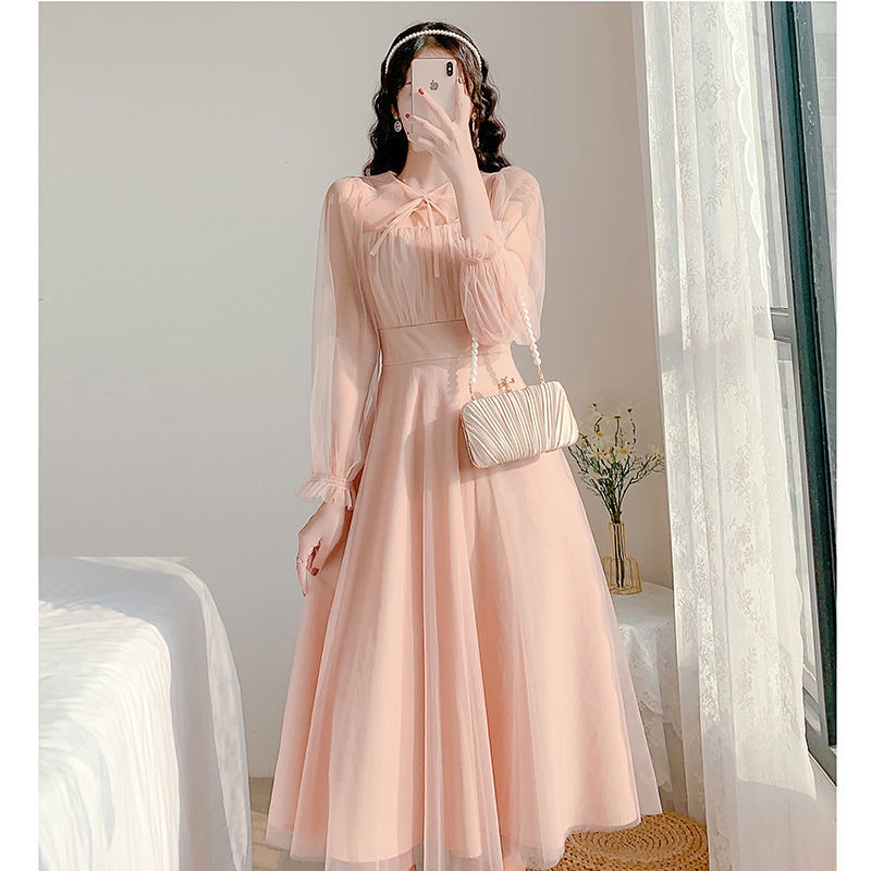 2022 summer new French fashion fairy dress long-sleeved mesh dress gentle  wind dress fairy long dress women | Shopee Malaysia