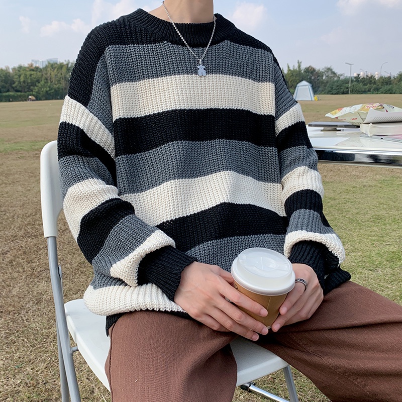 Striped sweater men's autumn and winter trend loose knit | Shopee Malaysia