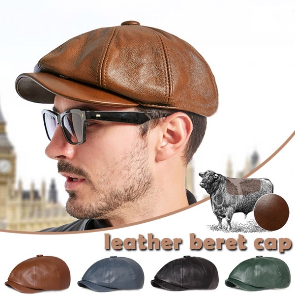 Genuine Leather Men's Adjustable Newsboy Beret Hat Driving Hunting