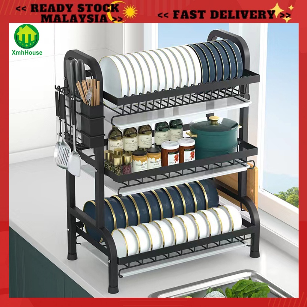 Rak Pinggan Sinki Dish Rack Rak Pinggan Dapur Stainless Steel Dish Drainer Kitchen Countertop 7033