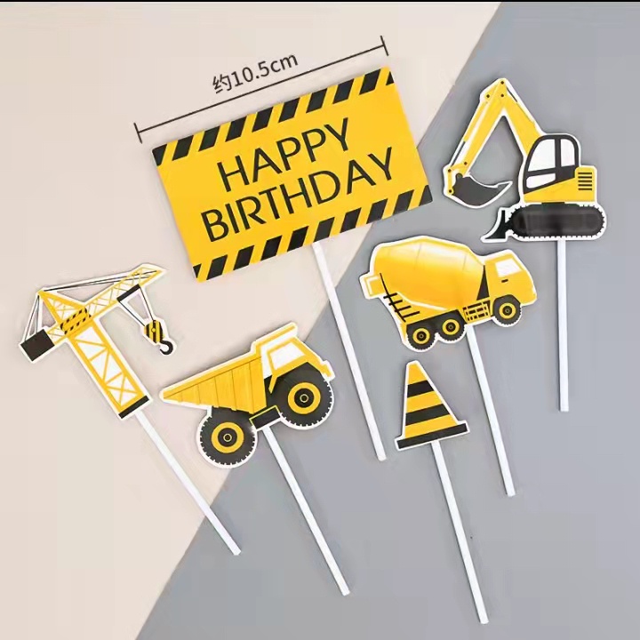 Excavator Truck theme happy birthday paper card cake topper baking