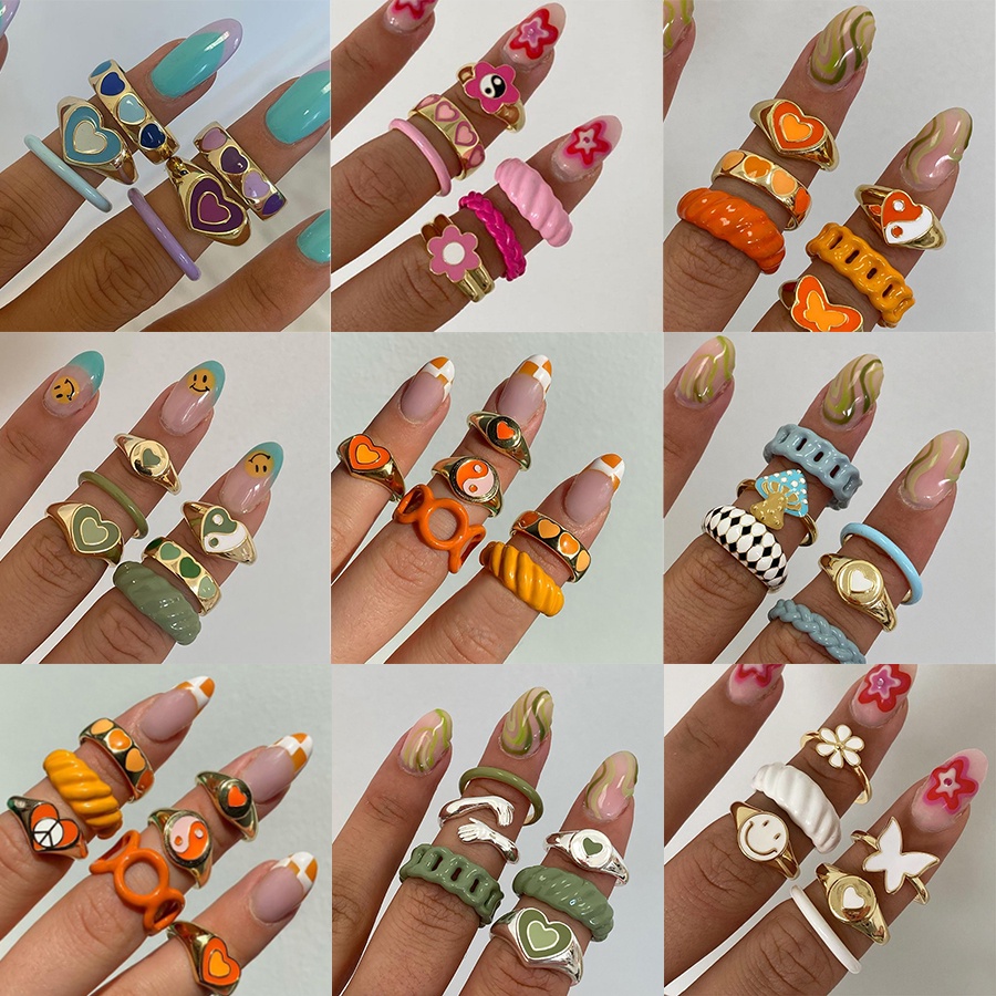 Y2K Colorful Ring Set for Women Glossy Dripping Love Heart Rings Peach ...