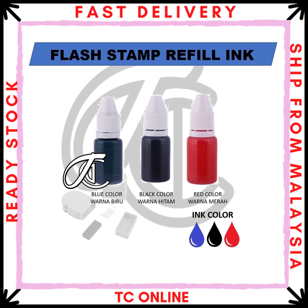 REFILL INK FOR FLASH STAMP RUBBER STAMP PREINK STAMP BLUE BLACK RED
