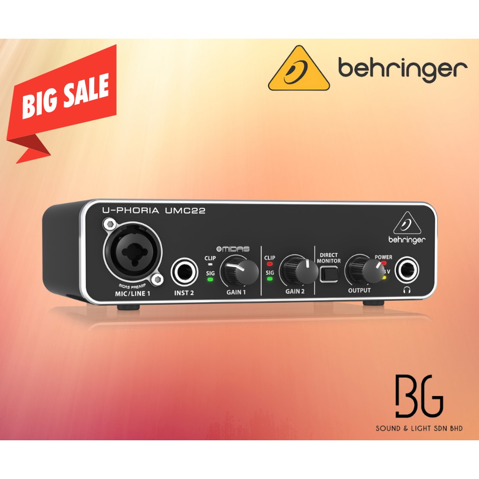 behringer umc22 Audiophile 2x2 USB Audio Interface with Midas Mic